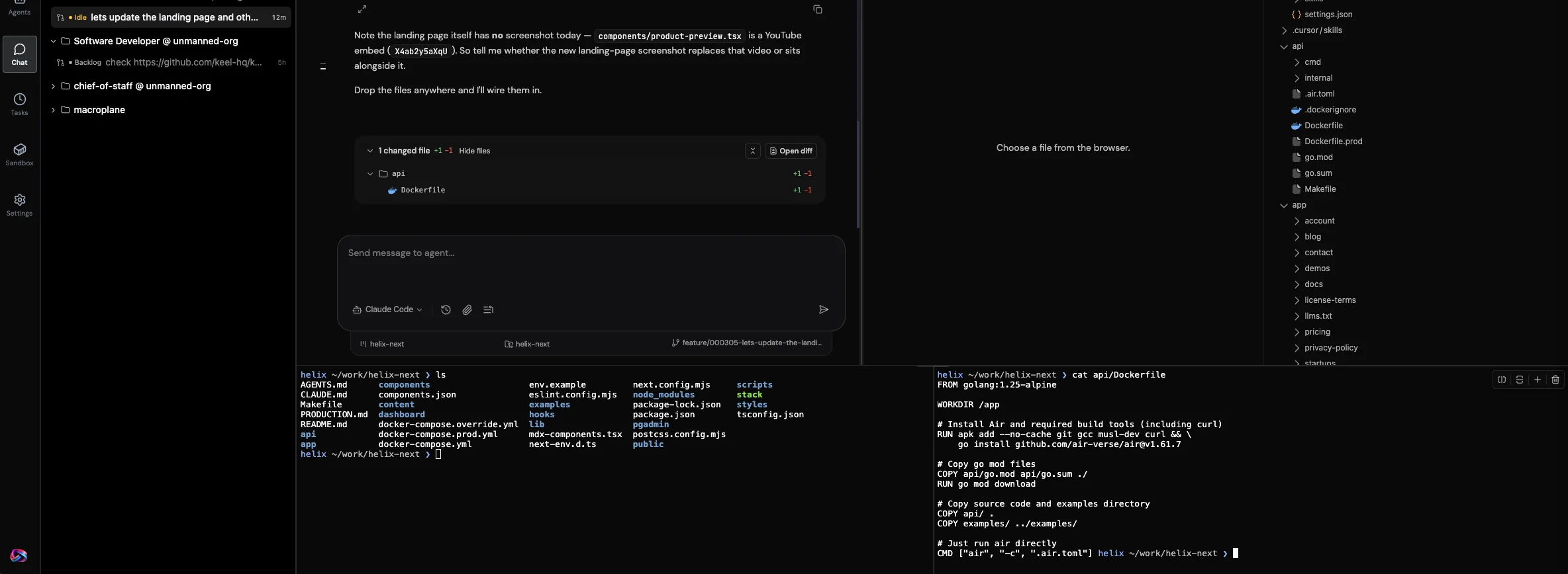 A Helix spec task with two terminal panes open at the bottom of the sandbox, listing the repository and printing the API Dockerfile